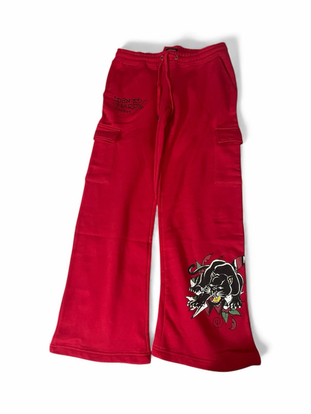 Women’s Vibrant Red Ed Hardy Wide-Leg Cargo Sweatpants with panther print